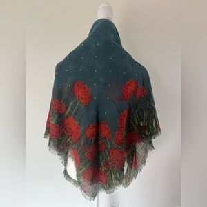 Gucci Blue Floral Square Lightweight Frayed Edge Shawl Wrap